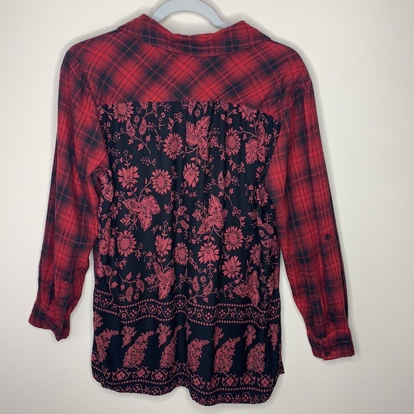 Style & Co red & black high low plaid button down with floral print back - Picture 2 of 5